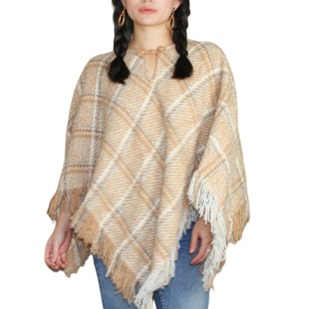 IRISH ALPACA Fringe Plaid Poncho Cape Sweater BOYNE VALLEY WEAVERS Tan Blue OS